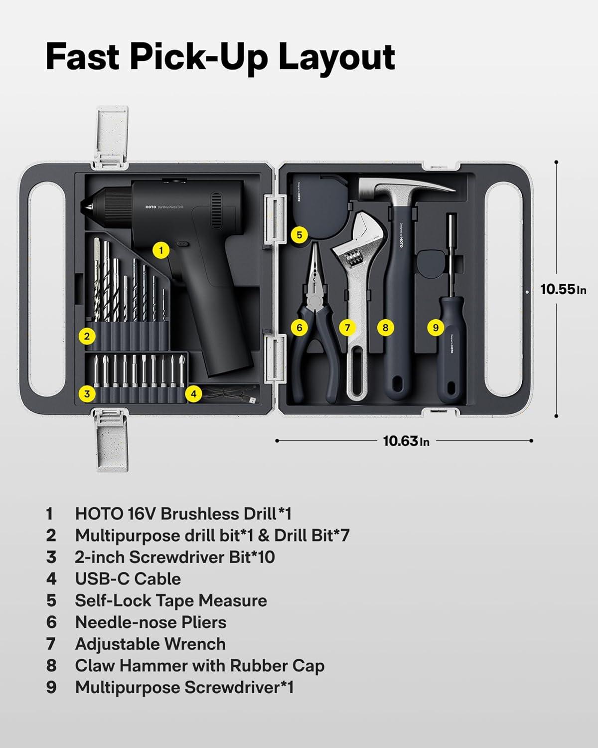 image:imageHOTO 25PCS Household Tool Kit with 16V Brushless Drill Smart Display 50 Nm Torque 32 Torque Settings USBC Charging LED Light Includes Hammer Wrench Pliers 8 x Drill Bits 10 x Bits