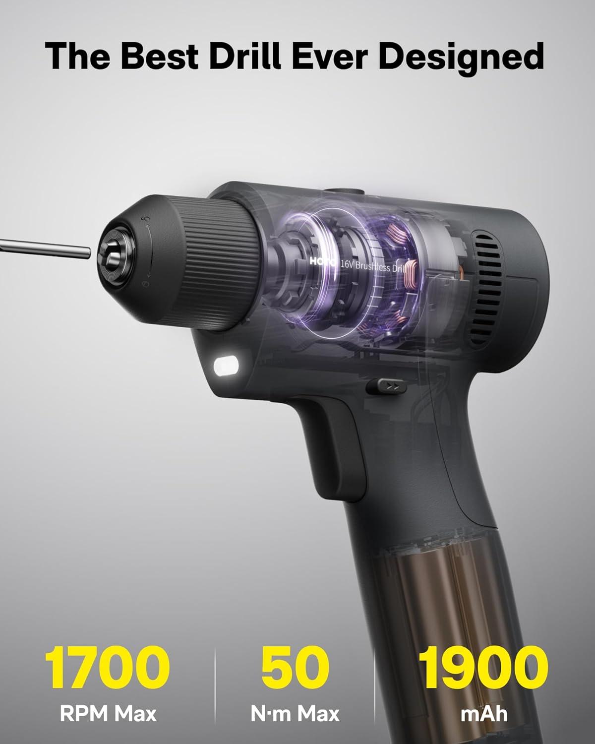 image:imageHOTO 25PCS Household Tool Kit with 16V Brushless Drill Smart Display 50 Nm Torque 32 Torque Settings USBC Charging LED Light Includes Hammer Wrench Pliers 8 x Drill Bits 10 x Bits
