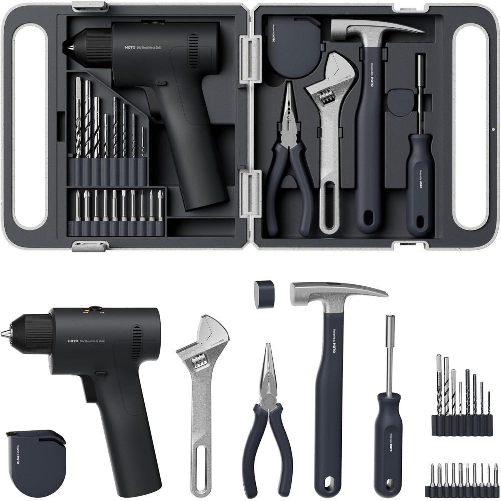 image:imageHOTO 25PCS Household Tool Kit with 16V Brushless Drill Smart Display 50 Nm Torque 32 Torque Settings USBC Charging LED Light Includes Hammer Wrench Pliers 8 x Drill Bits 10 x Bits
