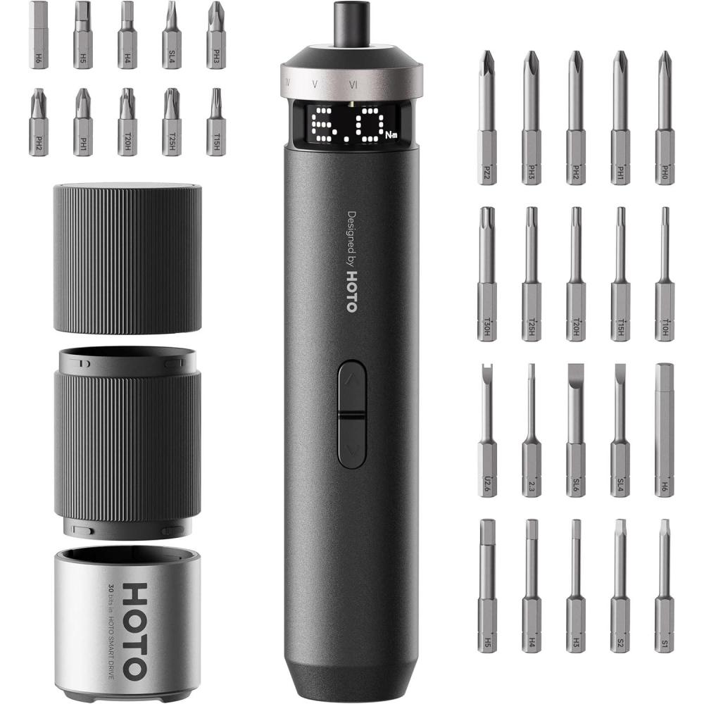 image:imageHOTO PixelDrive Electric Screwdriver Smart Display 6 Torque Settings 05 to 6 Nm 14 Hex 30 Bits LED Light 2000 mAh Rechargeable Cordless Screwdriver Set for Electronics Home Repair