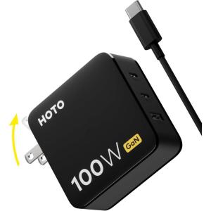 HOTO 100W USB C Charger, 3-Port GaN Foldable Fast Compact Power Charger for MacBook Pro/Air, iPad Pro/Air, iPhone, Galaxy S24 Ultra/S24/S23, HOTO Electric Tools, with 4.92ft USB C Cable 100W