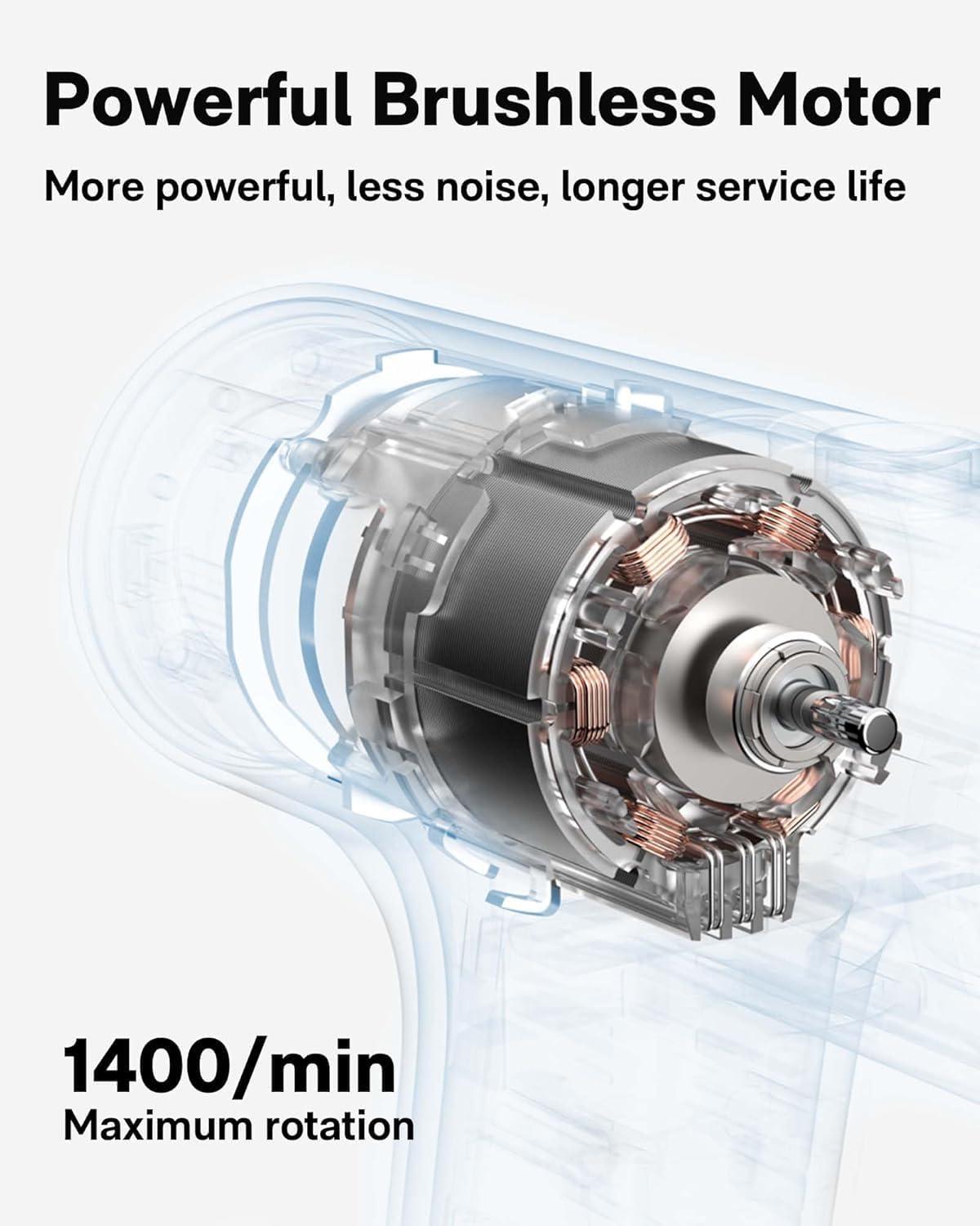 imageHOTO Cordless Brushless Drill 12V LED Display Screen 30 Precision Gears 2 Working Modes 2000mAh Battery 266 Inlbs 30Nm Torque 38 Inch Keyless Chuck 1400RPM 10 x Bits 8 x Drill Bits