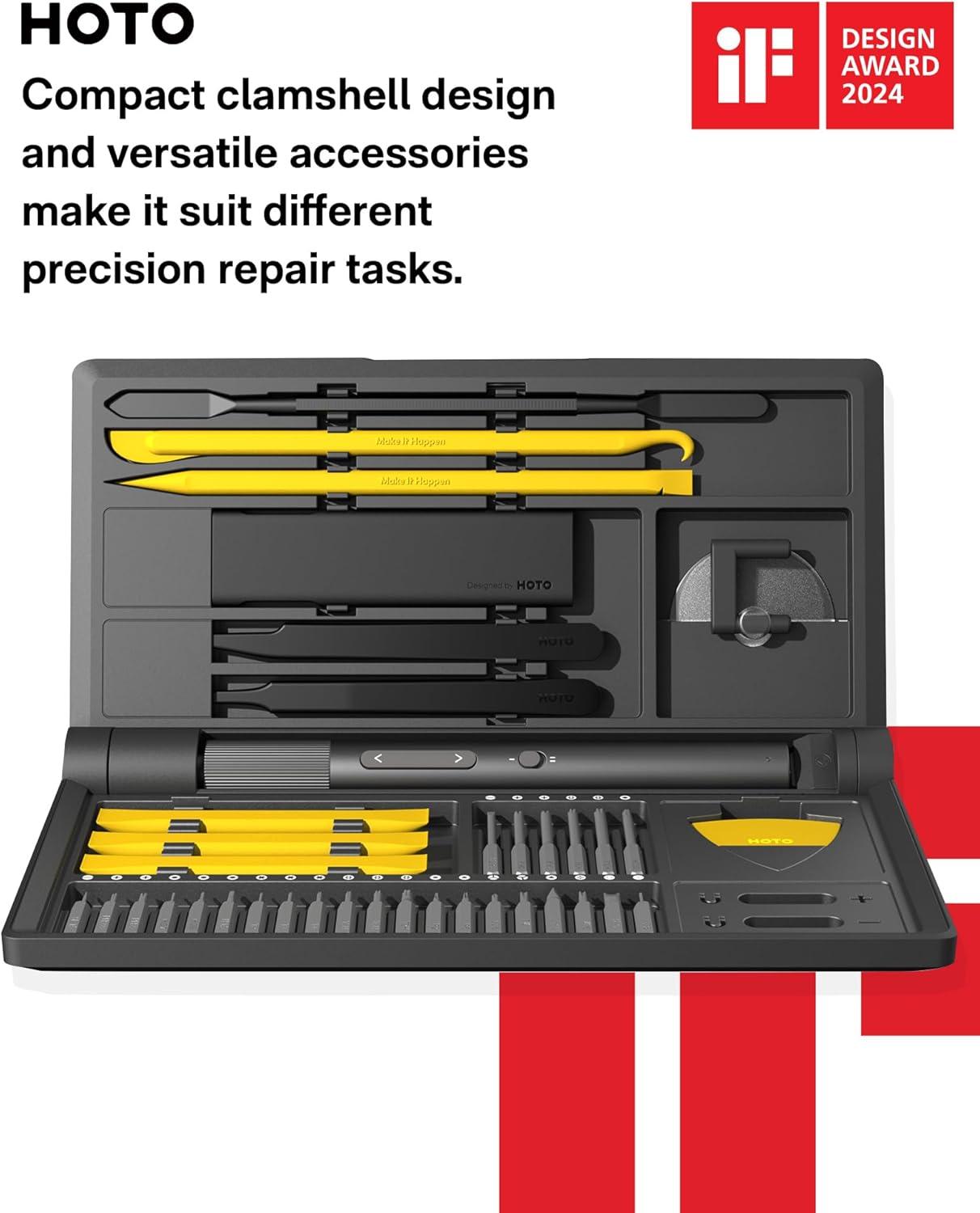 imageHOTO Precision Screwdriver Set 110 Upright Workpad Mini Electric Screwdriver with Charging Dock 00502 Nm Torque LED Light 26 Bits and 10 Repair Tools for Electronics Phones Laptops