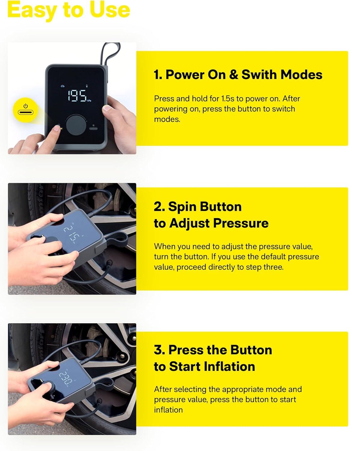 imageHOTO Tire Inflator Portable Electric Air Pump Pro for Car Tires with Digital Pressure Gauge 120PSI Cordless Tire Pump with 12V Motor 7500mAH Battery Air Compressor for Car Motorcycle Bike Ball