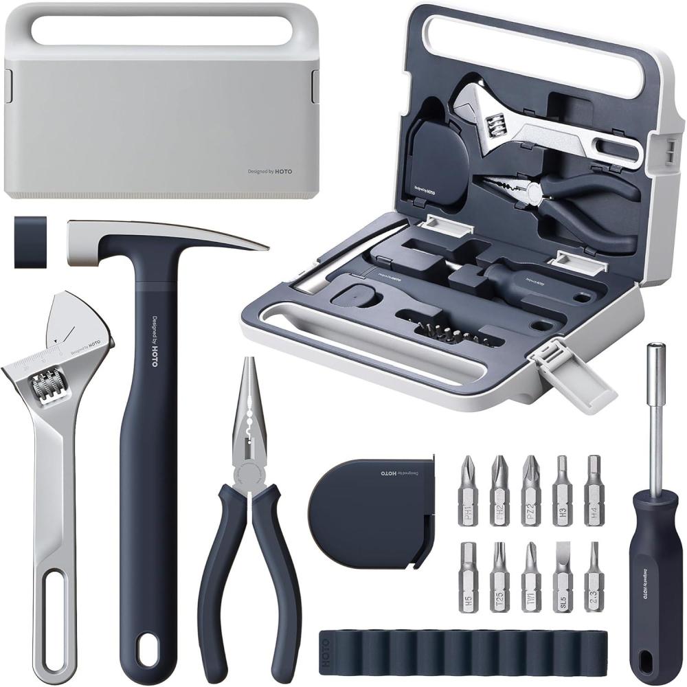 imageHOTO 16Piece Home Tool Kit Basic Hand Tool Set with Storage Box  Includes Screwdriver Wrench Hammer Tape Measure Plier  Ideal for Household Garage Office Dorm Repairs ampamp DIY Projects