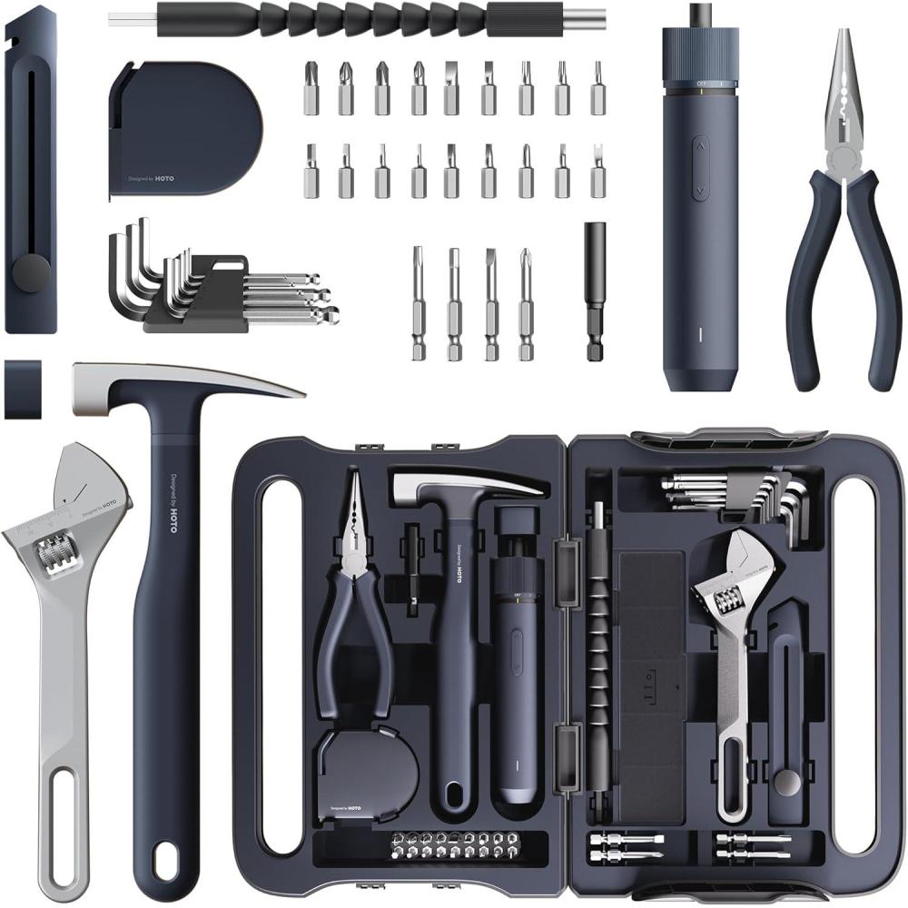 imageHOTO 40Piece Tool Kit Household Essentials Tool Set wSmart Electric Screwdriver LED 3 Torque 14 Tools ampamp 26 Accessories ProGrade Compact Organizer for Home Dorm Repairs DIY