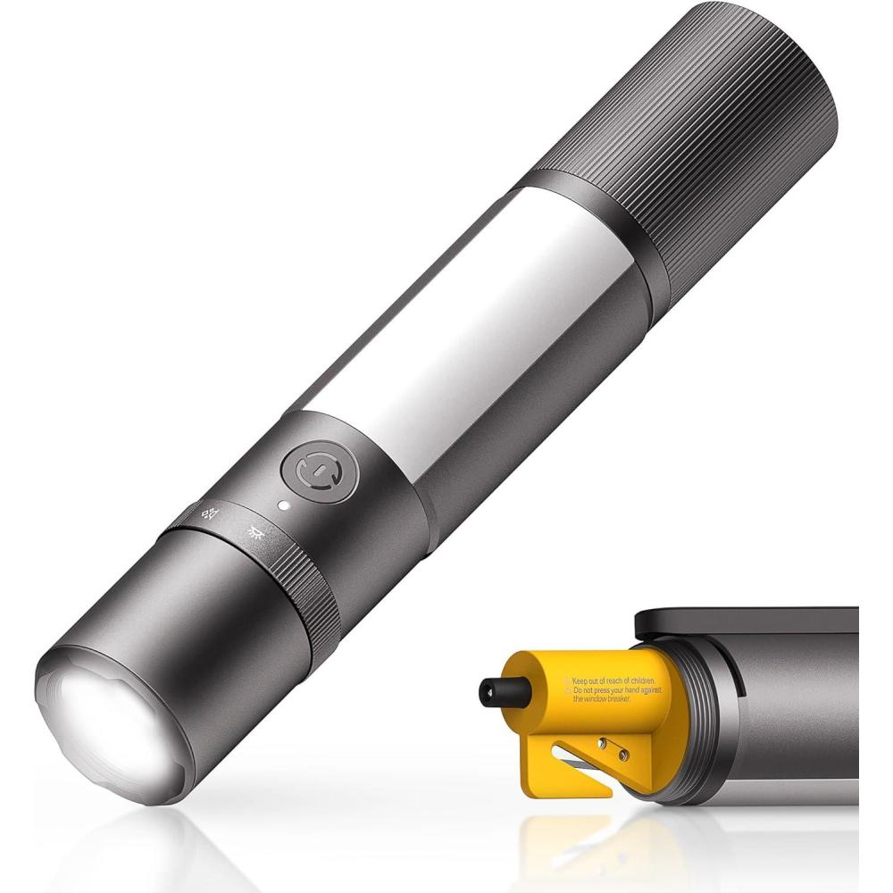imageHOTO Emergency Flashlight Rechargeable Magnetic LED Flashlight High Lumens with Window Glass Breaker Seatbelt Cutter Zoomable Car Work Flash Light for Car Repair Camping Emergency